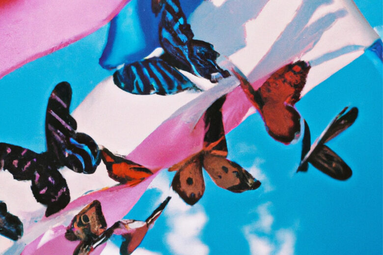 Mariposas volando en la bandera del orgullo Trans