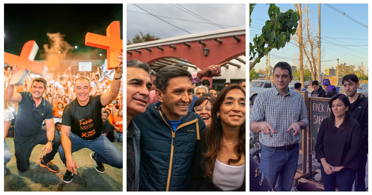 Marcelo Orrego, Cristian Andino y Abel Chiconi durante la campaña electoral en San Juan 2025