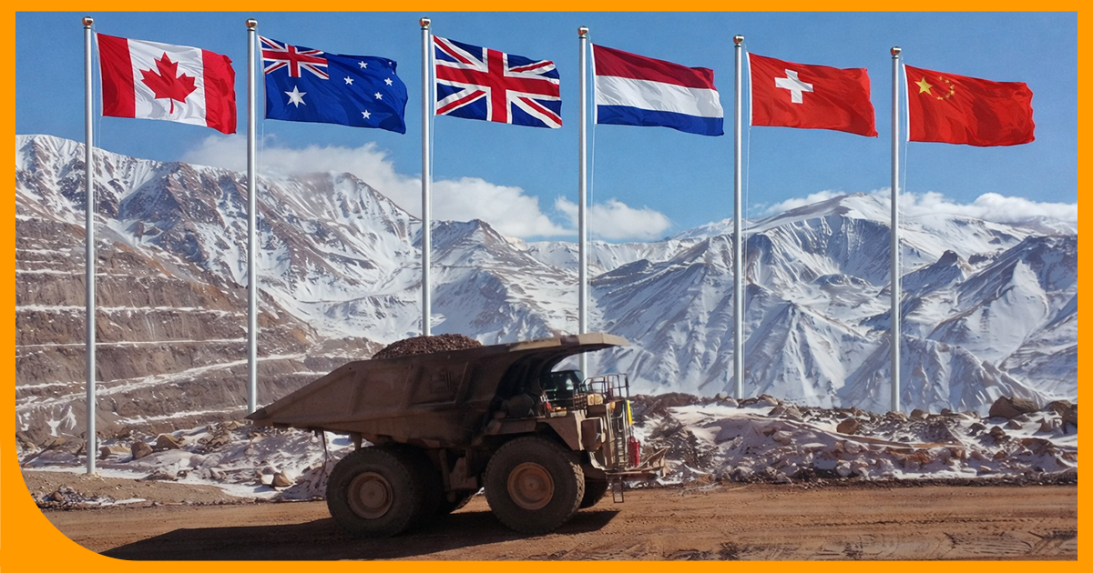 Camión minero en alta montaña con banderas de Canadá, Australia, Reino Unido, Países Bajos, Suiza y China, que representan el control de capitales internacionales sobre proyectos extractivos